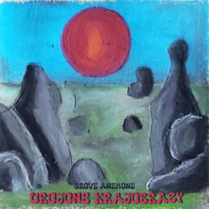 Urojone krajobrazy grafika ze skałami i pomarańczowym słońcem.